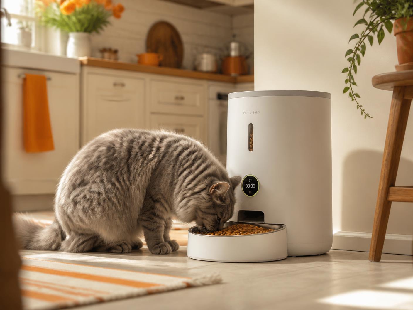 A grey cat eating kibble from a white automated feeder on a sunlit kitchen floor