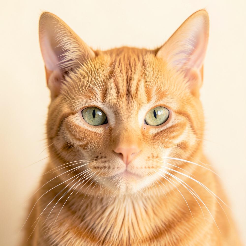 Close-up portrait of a ginger cat with green eyes against a cream background