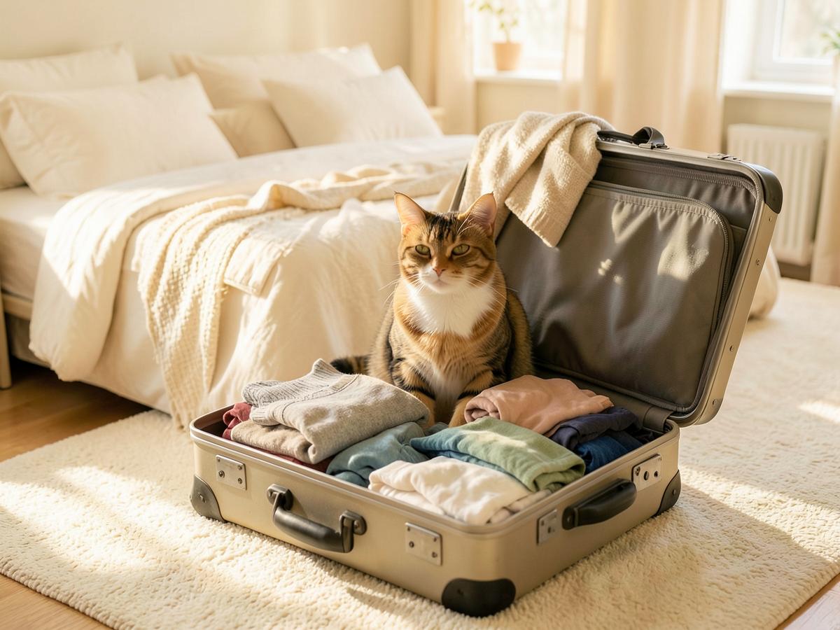 A ginger and white cat sitting in an open packed suitcase in a cream bedroom